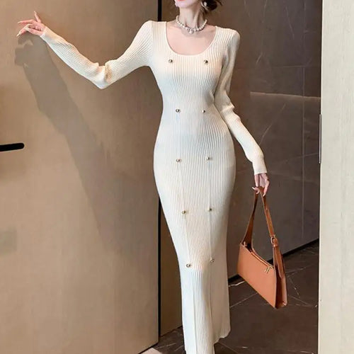 Load image into Gallery viewer, Autumn Winter French Fashion Long Sleeves Knitted Dresses Women's Elegant Square Neck Office Lady Wrap Hip Dress Simplicity Slim
