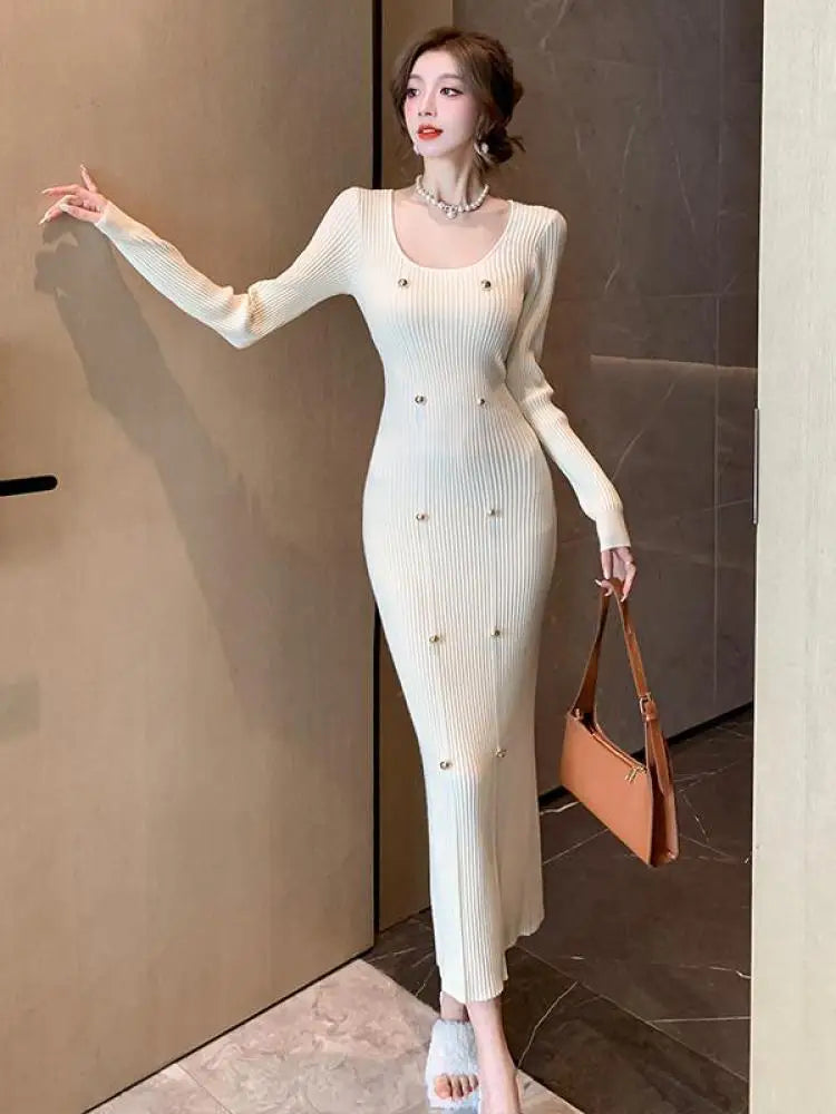 Autumn Winter French Fashion Long Sleeves Knitted Dresses Women's Elegant Square Neck Office Lady Wrap Hip Dress Simplicity Slim