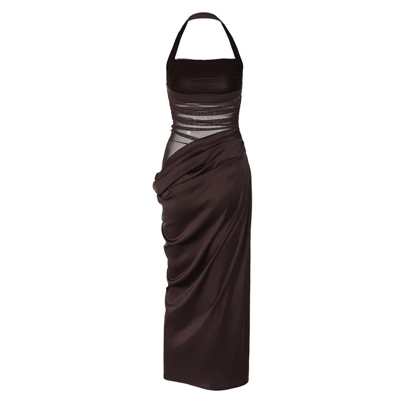 Mesh Patchwork Backless Sexy Maxi Dress For Women Gown Fashion Halter Sleeveless Strapless Bodycon Club Long Dress