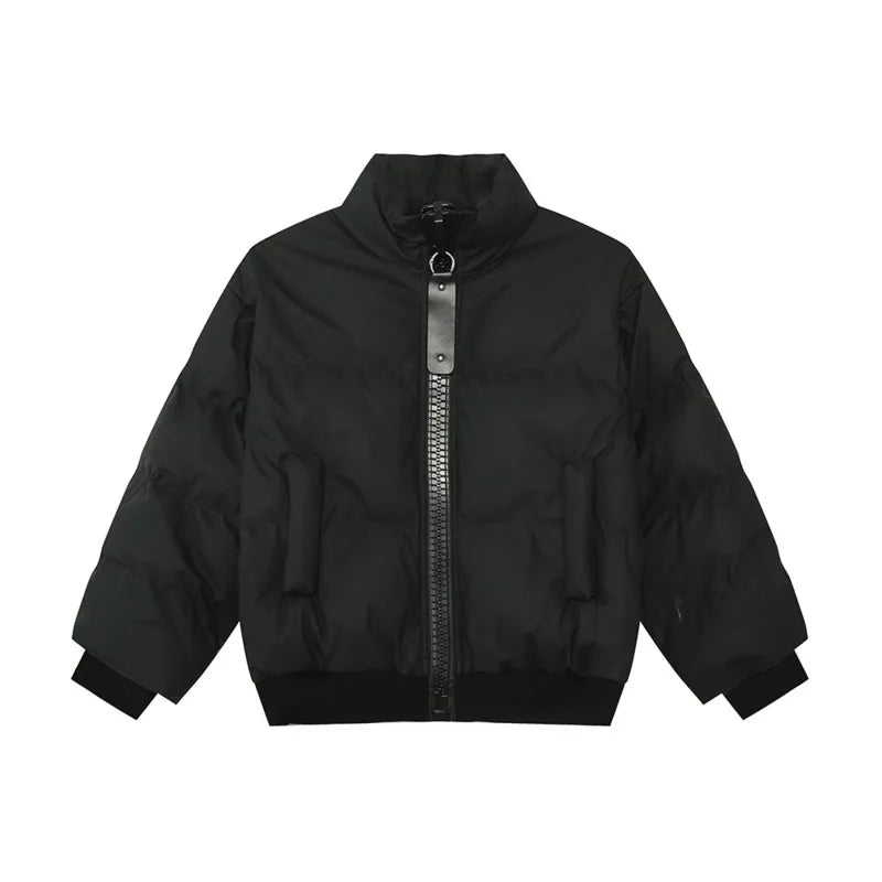 Korean Style Men's Padded Jackets Stand Collar Big Zipper PU Leather Solid Color Thickened Loose Male Cotton Coats 9C9345