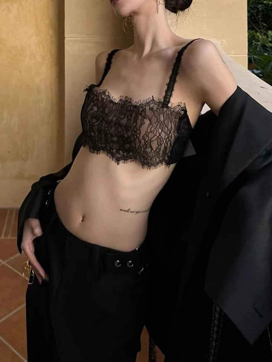 Solid Spliced Lace Minimalist Vests For Women Square Neck Sleeveless Sexy Chic Vest Female Fashion Style Clothes