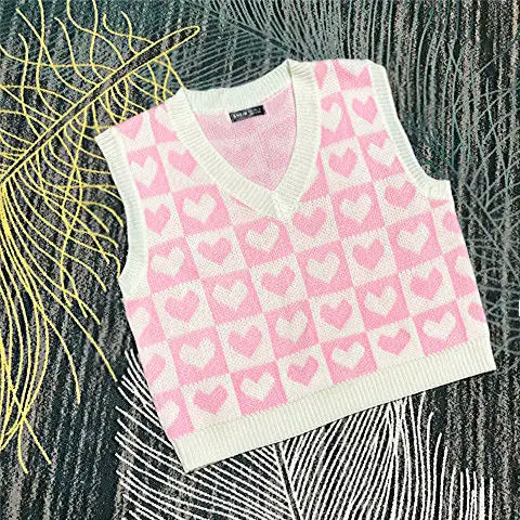 Classic Heart Plaid Knitted Sweater Vest Women 9 Colors Crop Loose Waistcoat Y2k Harajuku Autumn Hip Hop Knitwear Tops