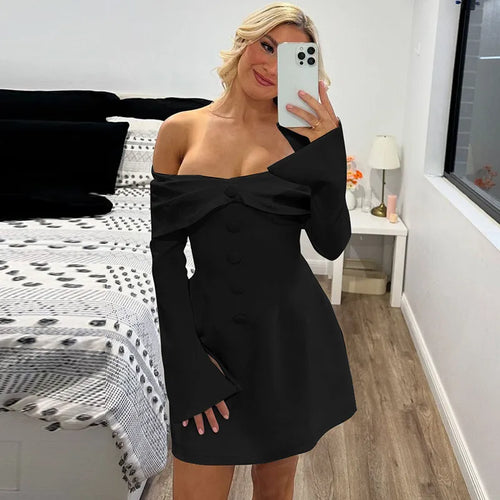 Load image into Gallery viewer, Off-shoulder Long Flare Sleeve Sexy Mini Blazer Dress For Women Autumn Winter New Strapless Backless Elegant Dress
