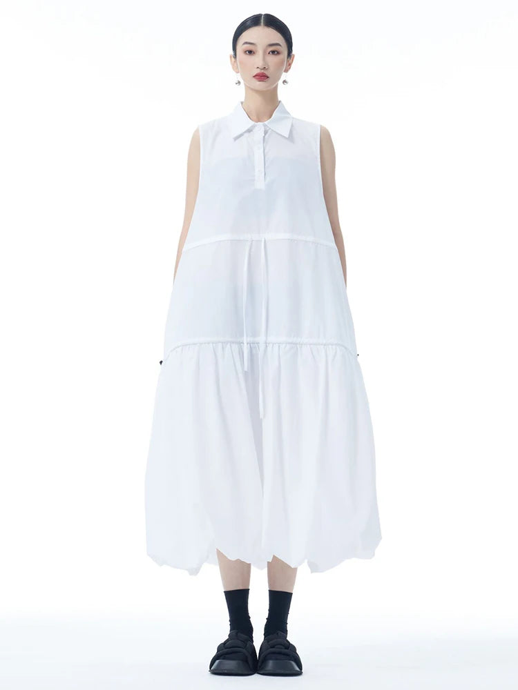 Women Black Brief Pleated Big Size Midi Bud Shirt Dress New Lapel Sleeveless Fashion Tide Spring Autumn 2025 1DJ0955