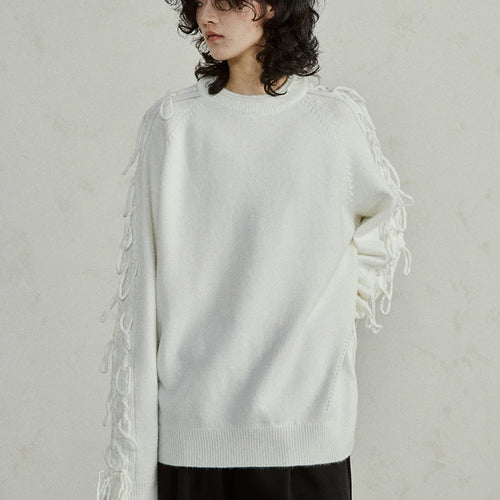 Load image into Gallery viewer, Black Tassels Big Size Knitting Sweater Round Neck Long Sleeve Women Pullovers New Fashion Tide Spring Autumn 2025 1DH4320
