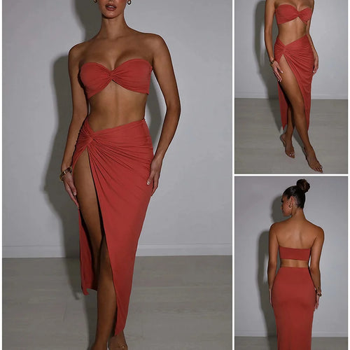 Load image into Gallery viewer, Elegant Strapless Sexy Two Piece Set Women Sleeveless Crop Top And High Split Skirt Matching Sets Party Dress Sets
