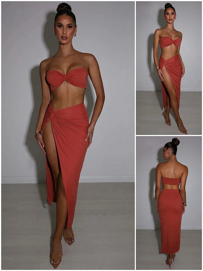 Elegant Strapless Sexy Two Piece Set Women Sleeveless Crop Top And High Split Skirt Matching Sets Party Dress Sets
