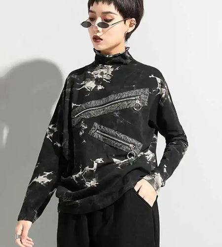 Women Big Size Irregular Zipper Printed  T-shirt New Turtleneck Long Sleeve  Fashion Tide  Spring Autumn 2025 1DD1437