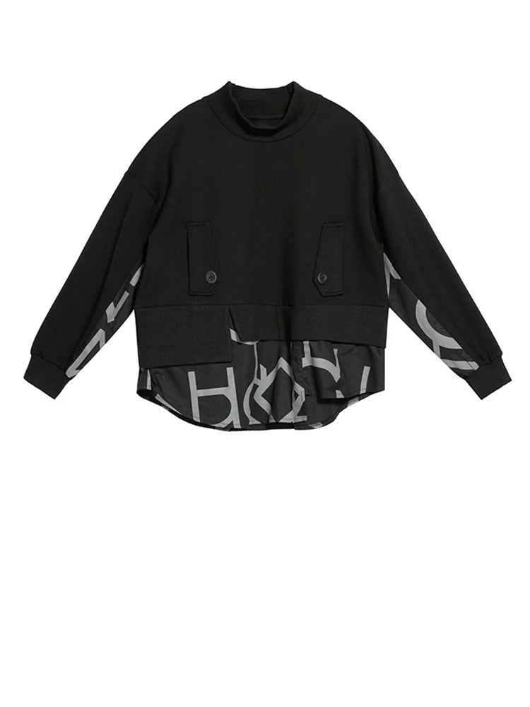 Women Big Size White Letter Iregular Spliced T-shirt New Stand Collar Long Sleeve  Fashion Tide Spring Autumn 2025 1DD0232