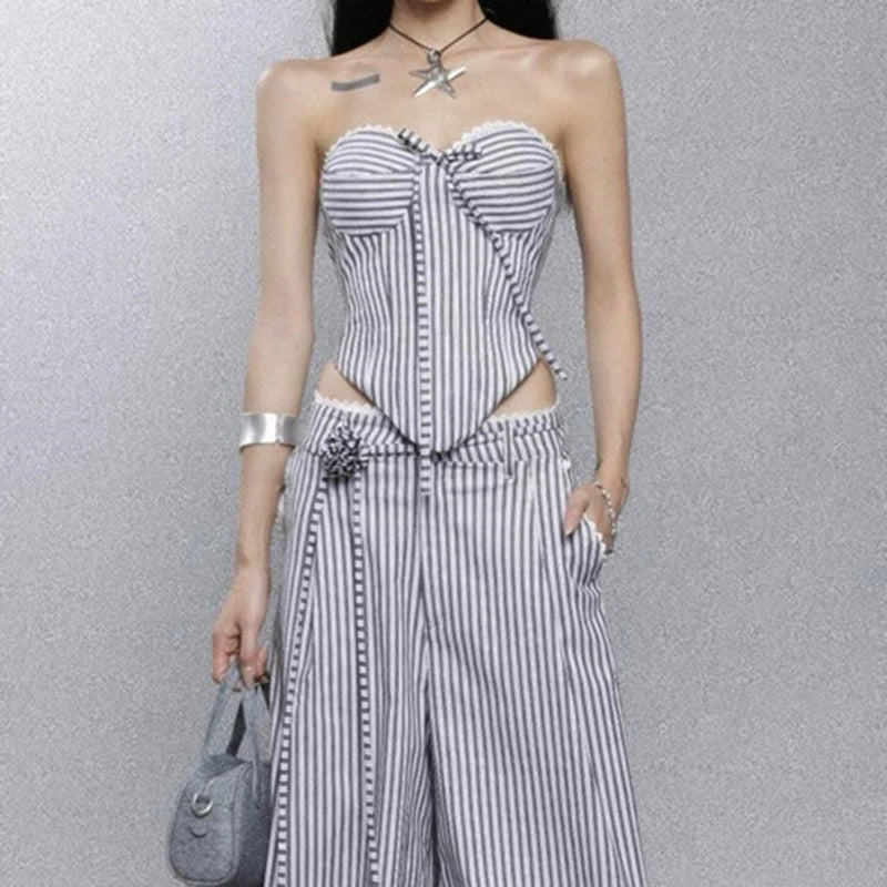 y2k Tops Women Summer Striped Lace Trim Off Shoulder Strapless Open Back Cross Tie-Up T Shirt Vest 2000s Streetwear