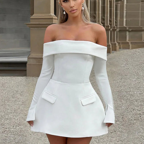 Load image into Gallery viewer, Off-shoulder Long Sleeve Sexy Mini Dress For Women Two Pocket Strapless Backless A-line Club Party Sexy Dress Elegant
