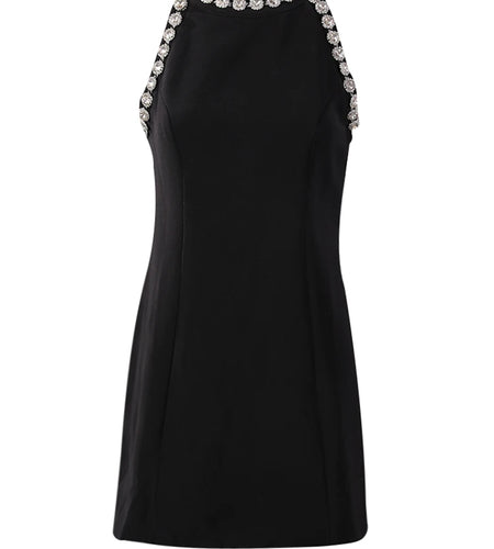 Women Black Rhinestones Spliced Elegant Slim Vest Dress New Round Neck Sleeveless Fashion Tide Spring Summer 2025 CPG2981