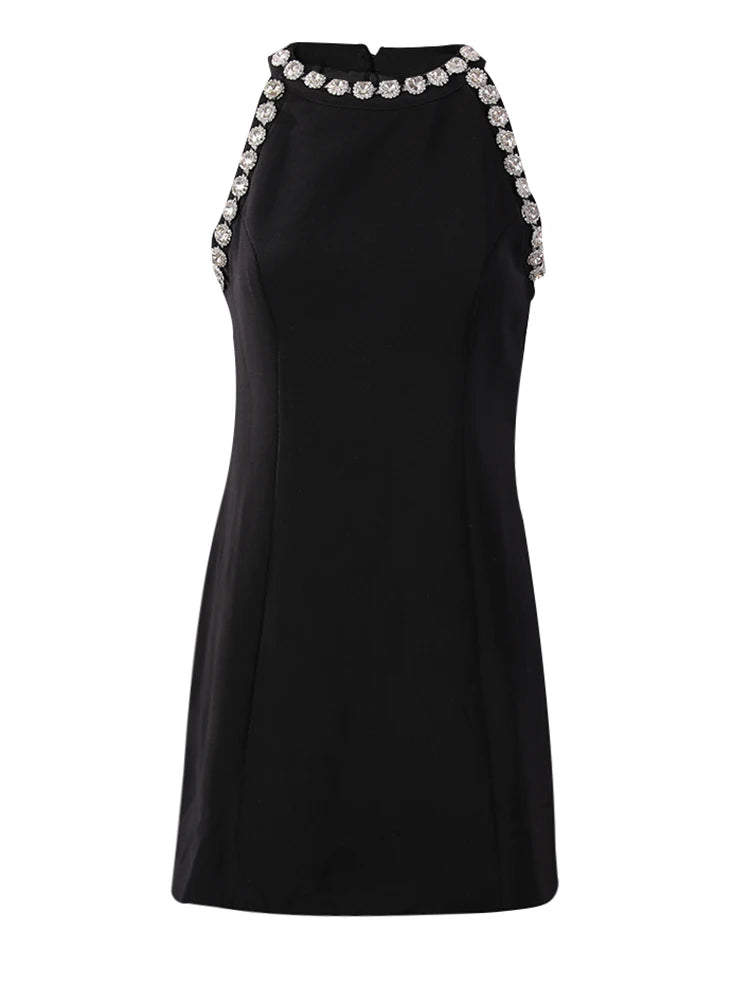 Women Black Rhinestones Spliced Elegant Slim Vest Dress New Round Neck Sleeveless Fashion Tide Spring Summer 2025 CPG2981