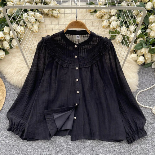 Load image into Gallery viewer, Vintage Sweet Solid Elegant Ruffle Edge Lace Tops Women Autumn New Round Neck Versatile Long Sleeved Single Breasted Shirt Trend
