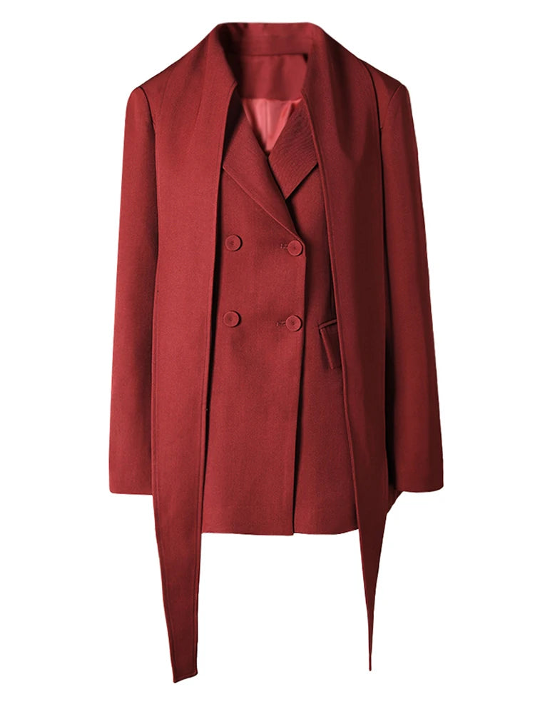 Women Red Double Breasted Ribbon Elegant Blazer New Lapel Long Sleeve Jacket Fashion Tide Spring Autumn 2025 CPDB326
