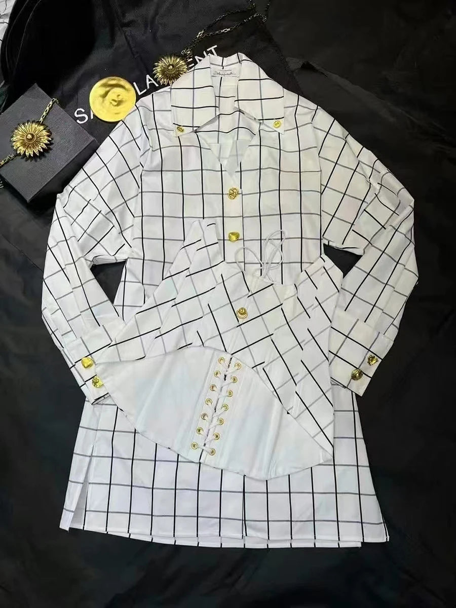 Hit Color Spliced Plaid Temperament Dresses for Women V Neck Long Sleeves Patchwork Button Fashion Dress Female New