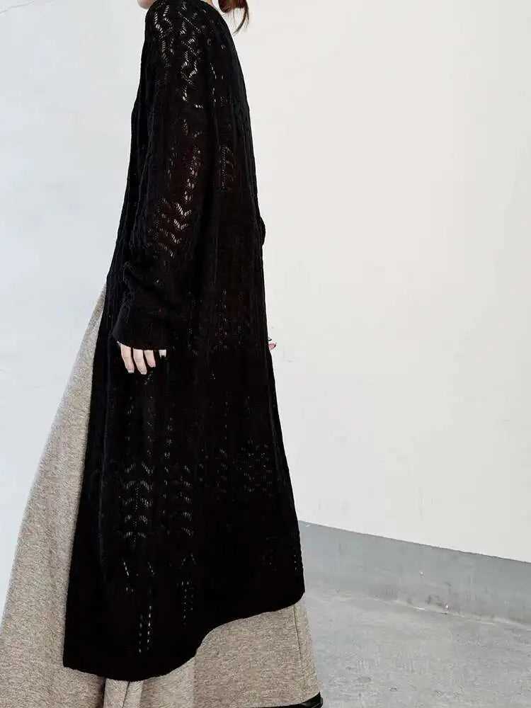 Women Black Big Size  Hollow Out Long Sweater Dress New Round Neck Long Sleeve Fashion Tide Spring Autumn 2025 1DJ0404