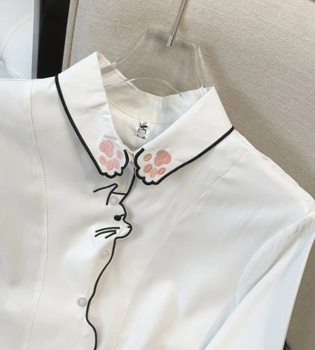 Spring French Retro Women White Girls Cute Cat Embroidery Single Breasted Blouses Casual Lapel Long Sleeved Festival Shirt Trend