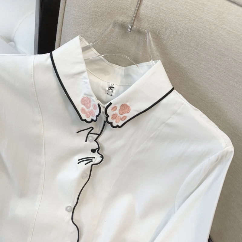 Spring French Retro Women White Girls Cute Cat Embroidery Single Breasted Blouses Casual Lapel Long Sleeved Festival Shirt Trend