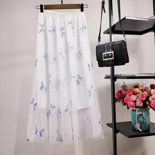 Load image into Gallery viewer, Elastic High Waist Skirt Ladies Summer Vintage Jacquard Butterfly Tulle Skirts Womens Fashion Embroidery Mesh Midi Skirt Women
