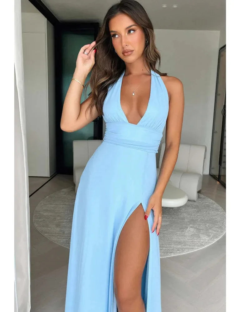 Elegant Sleeveless Open Back High Split Dress Women Slim Lace Up Evening Dress Female Elegance Club Party Vestidos 2024