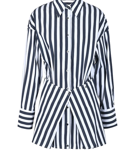 Women Blue Striped Irregular Big Size Blouse New Lapel Long Sleeve Loose Fit Shirt Fashion Tide Spring Autumn 2025 CP2010