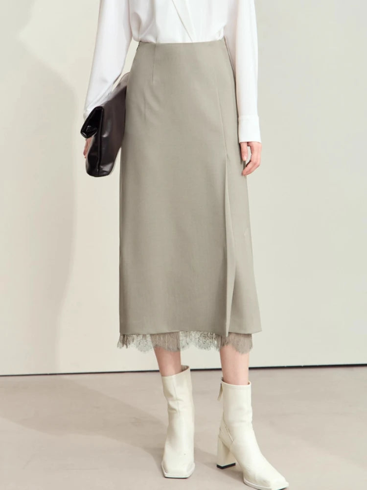 Minimalism Skirts for Woman 2025 Autumn New Elegant Patchwork Lace Women's Clothing Retro Lady A-Line Pleated Skirt12443013