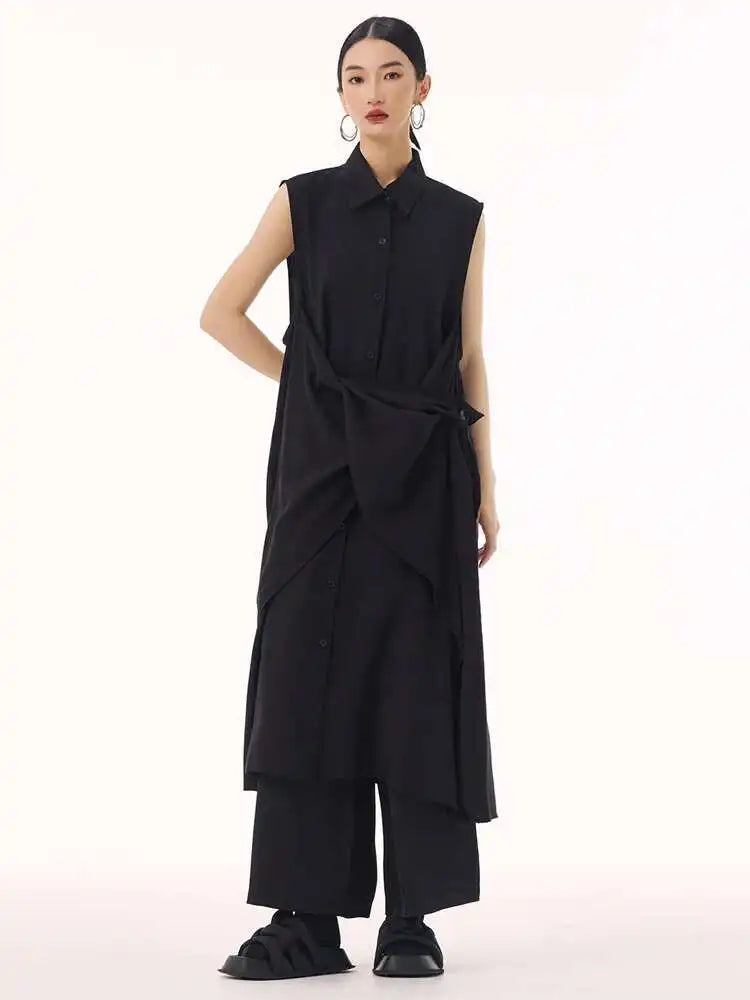 Women Khaki Irregular Spliced Big Size Midi Shirt Dress New Lapel Sleeveless Fashion Tide Spring Summer 2025 1DH9434