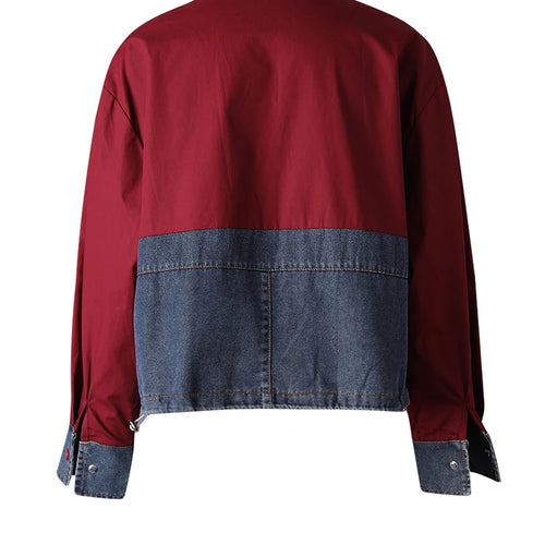 Load image into Gallery viewer, Women Wine Red Denim Bow Color-block Big Size Blouse New Lapel Long Sleeve Shirt Fashion Tide Spring Autumn 2025 CPG3256
