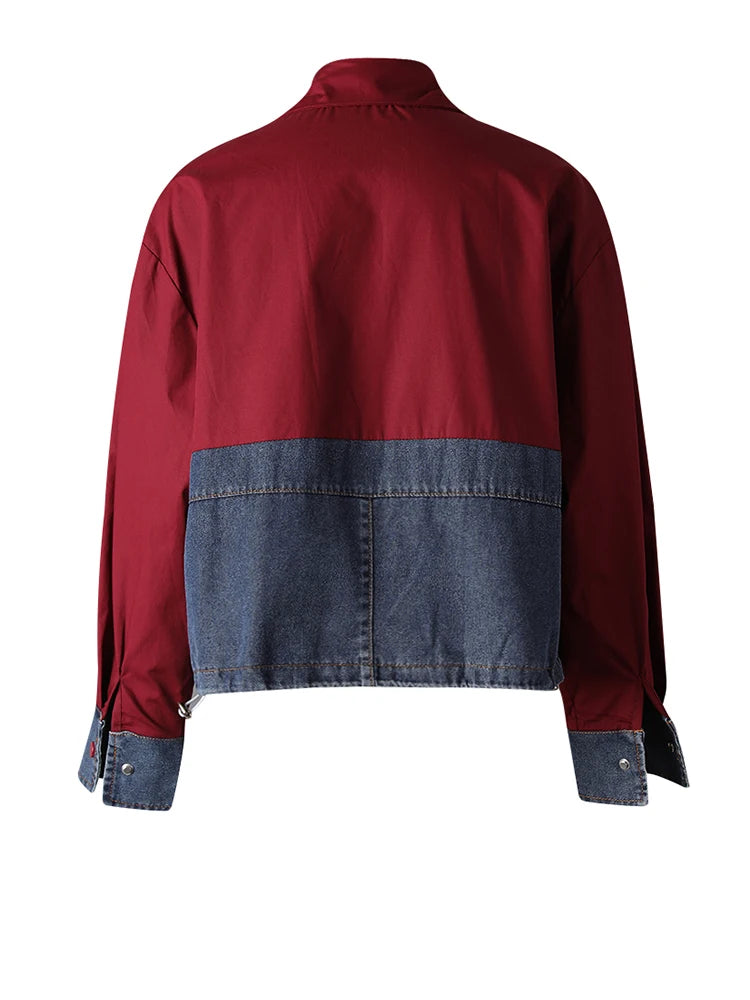 Women Wine Red Denim Bow Color-block Big Size Blouse New Lapel Long Sleeve Shirt Fashion Tide Spring Autumn 2025 CPG3256