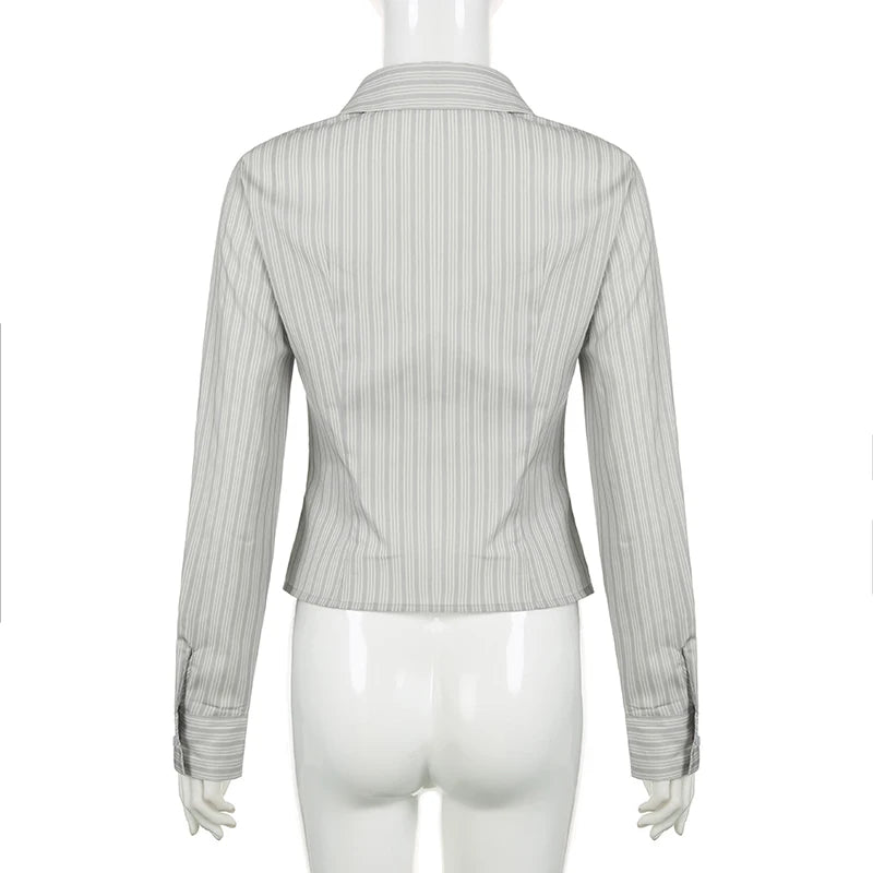Streetwear Stripe Chic Long Sleeve Spring Blouse Women Buttons Up Top Slim Fashion Retro Shirt Elegant Cardigan 2024