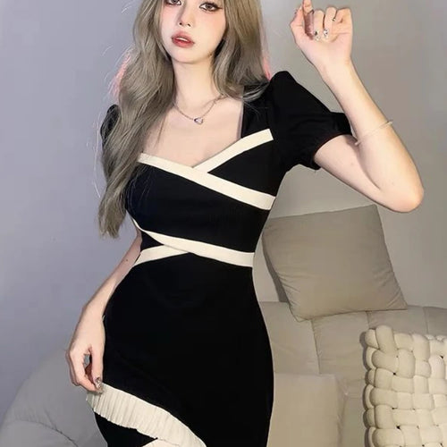 Load image into Gallery viewer, Sexy Bodycon Black Mini Square Collar Dress Women Korean Style Vintage Casual Puff Sleeve Short Dresses Summer Spring
