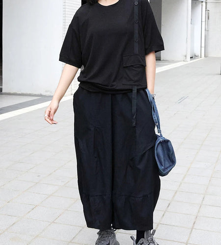 High Elastic Waist Black Pleated Brief Calf-Length Pants New Trousers Women Fashion Tide Spring Autumn 2025 1DJ0226