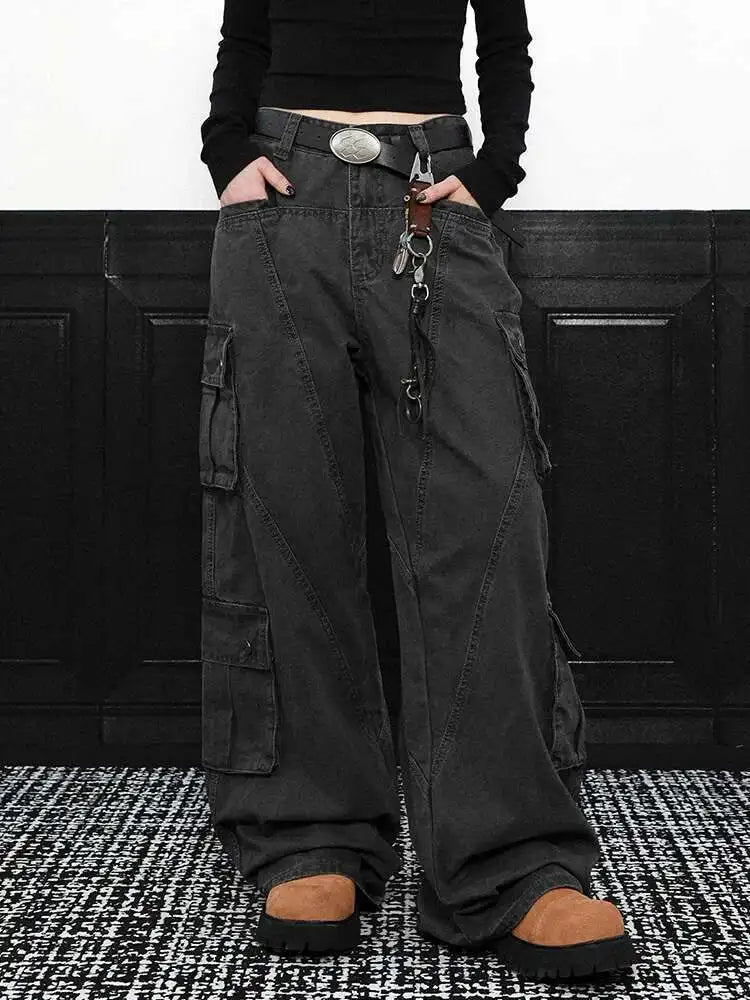 High Waist Gray Pockets Denim Long Vintage Wide Leg Jeans New Women Trousers Fashion Tide Spring Autumn 2025 1DH9390