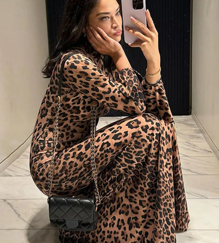 Leopard Print Long Sleeve Sexy Maxi Dress For Women Autumn Winter New Turtleneck High Waist Bodycon Club Print Dress