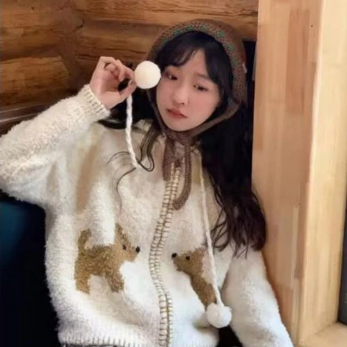 Load image into Gallery viewer, Y2k Aesthetic Streetwear Cartoon  Knitted Hooded Cardigan Fashion Casual Women Zipper Coats Japanese Sweet All Match Loose Tops
