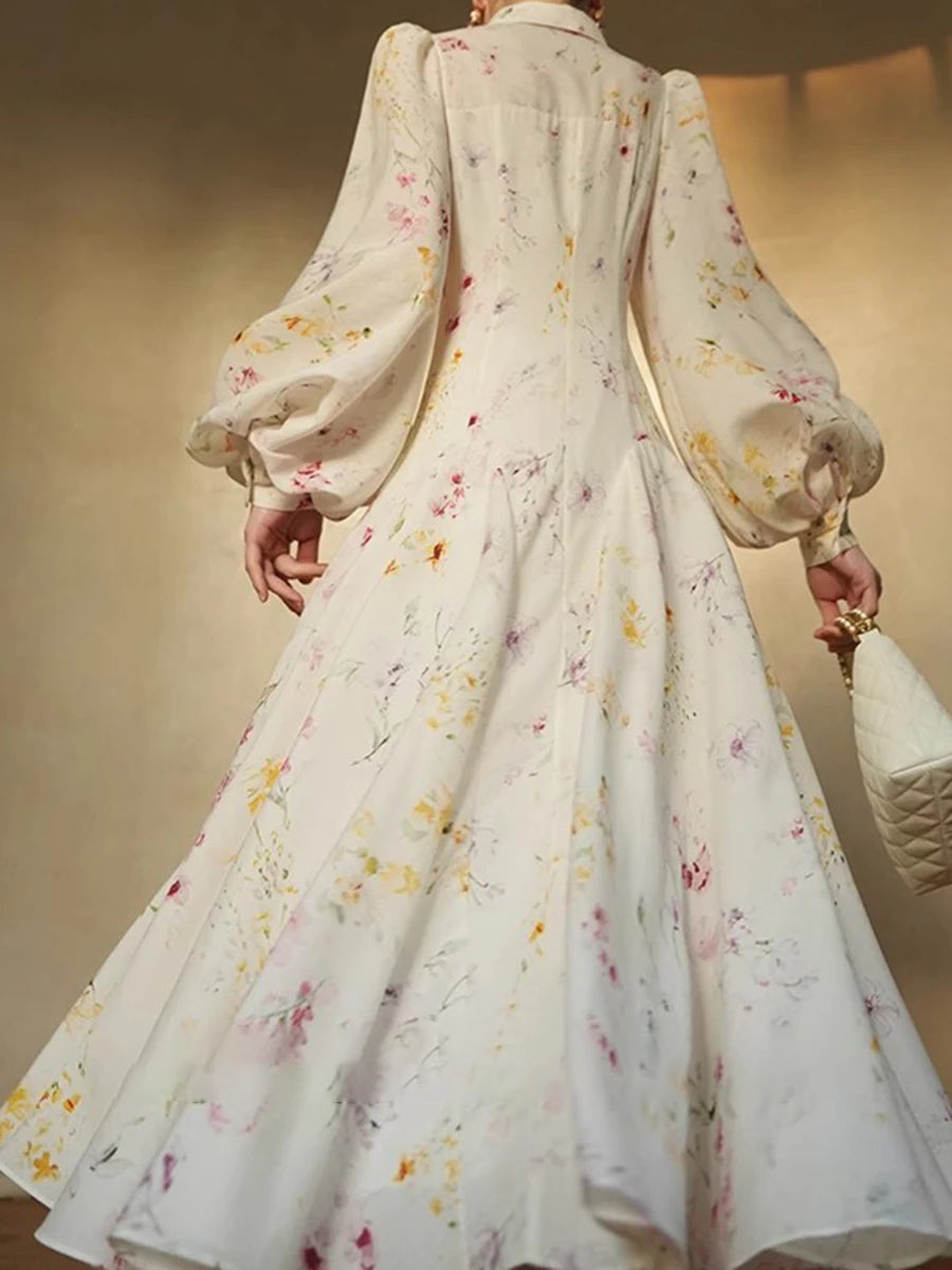 Hit Color Printing Loose Casual Dresses For Women Lapel Long Sleeve High Waist  Temperament Long Dress Female New
