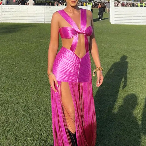 Load image into Gallery viewer, Sexy Sleeveless Hollow Out Women's Dress Bodycon Lace Up Long Tassel Party Club Evening Dress Tight Nightclub Vestidos
