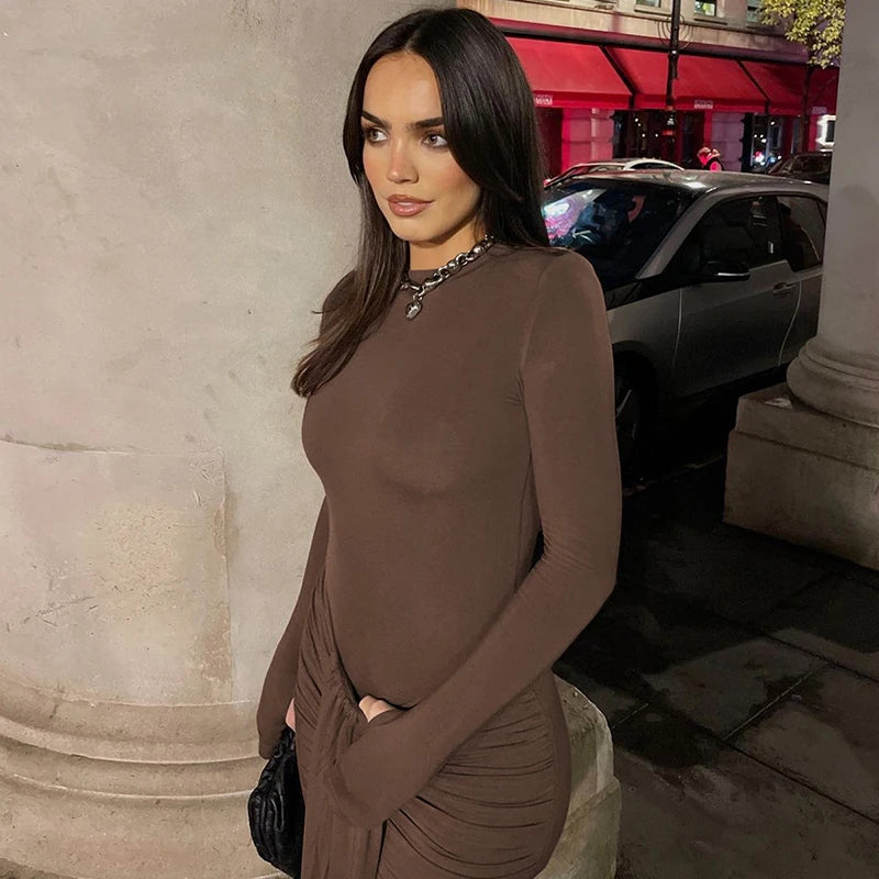Ruched Draped Sexy Maxi Dress For Women Fashion O Neck Long Sleeve Bodycon Club Party Long Dress Female Elegant Dresses