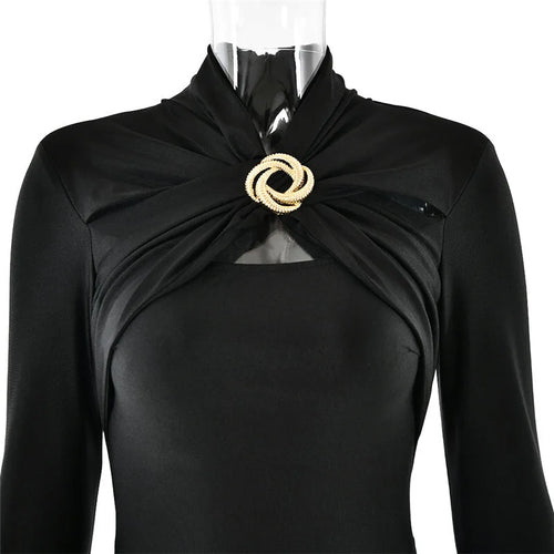 Load image into Gallery viewer, Hollow Out Long Sleeve Sexy Maxi Dress For Women Gown Autumn Winter New Metal Buckle Ruched Slit Long Dress Elegant
