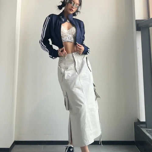 Load image into Gallery viewer, Fashion Long Cargo Skirt Women Y2k Streetwear Vintage Pocket High Waist Side Split Shirring Casual Straight Midi Skirt Korean
