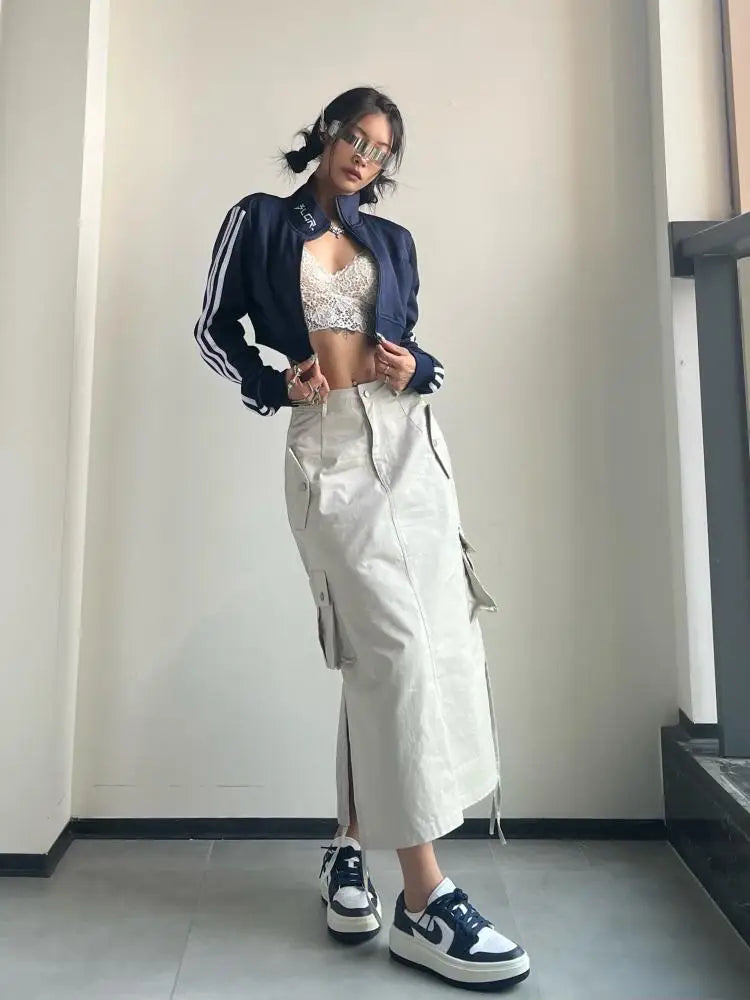 Fashion Long Cargo Skirt Women Y2k Streetwear Vintage Pocket High Waist Side Split Shirring Casual Straight Midi Skirt Korean