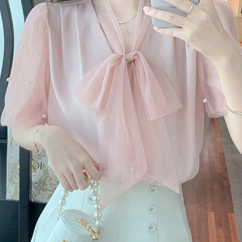 Load image into Gallery viewer, Pure Color Puff Sleeve Female Blouses Office Lady Bow Lace-up Mesh Slim Summer Women&#39;s Blouse Elegant Fashion Workwear
