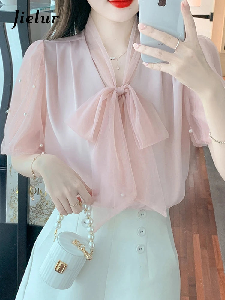 Pure Color Puff Sleeve Female Blouses Office Lady Bow Lace-up Mesh Slim Summer Women's Blouse Elegant Fashion Workwear