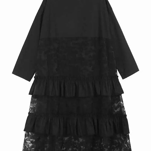 Load image into Gallery viewer, Women Black Flower Mesh Big Size Ruffles Casual Dress New Round Neck Long Sleeve Fashion Tide Spring Autumn 2025 1DH8213
