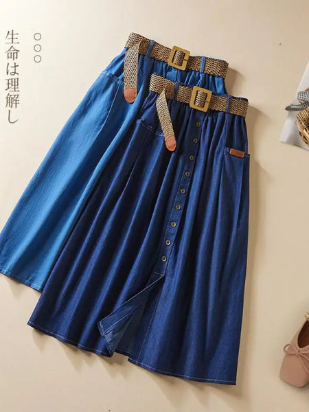 Denim Skirt Women Summer A-line High Waist Medium Length Belt Lace Up 2022 Knee Length Young Beautiful Casual Skirts Female