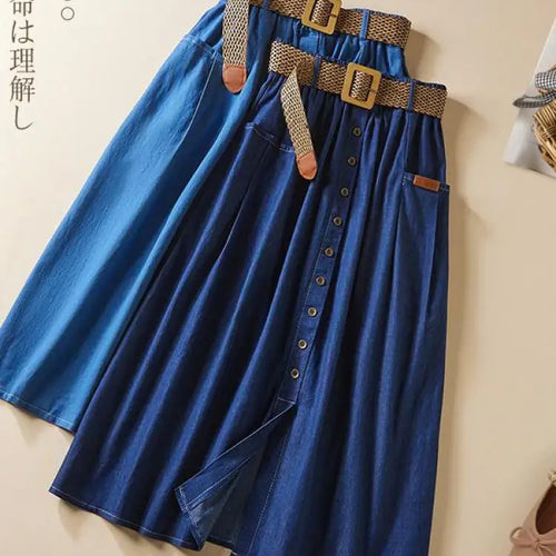 Load image into Gallery viewer, Denim Skirt Women Summer A-line High Waist Medium Length Belt Lace Up 2022 Knee Length Young Beautiful Casual Skirts Female
