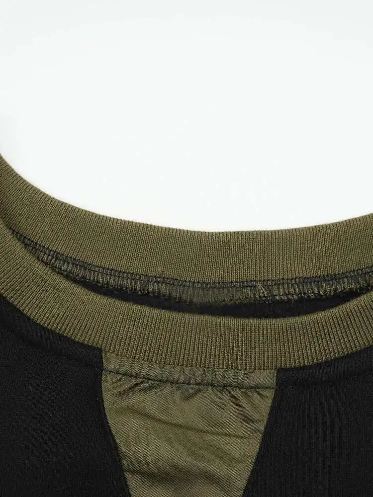 Women Army Green Color-block Big Size Midi Dress New Round Neck Long Sleeve Fashion Tide Spring Autumn 2025 CPG2092