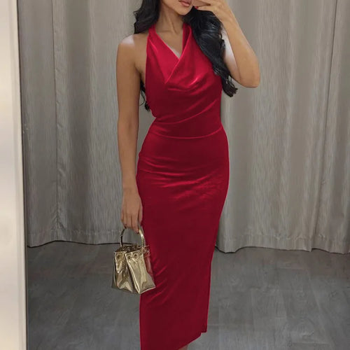 Load image into Gallery viewer, Halter Backless Sexy Maxi Dress For Women Gown Fashion Lace-up Deep V Neck Sleeveless Bodycon Split Long Dress Elegant
