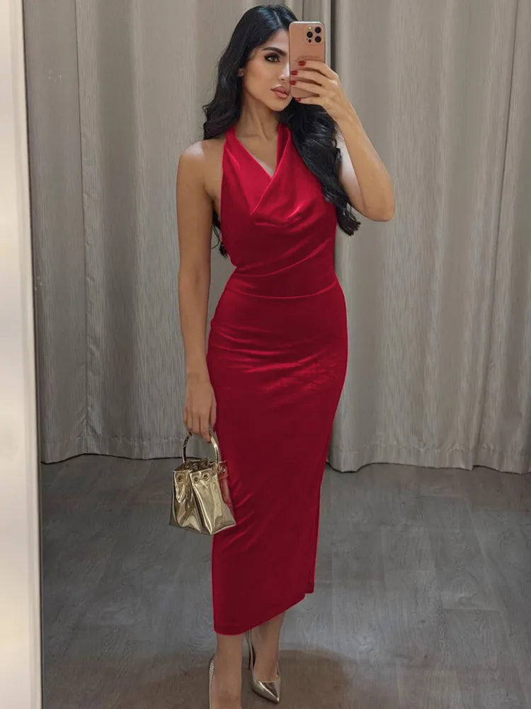 Halter Backless Sexy Maxi Dress For Women Gown Fashion Lace-up Deep V Neck Sleeveless Bodycon Split Long Dress Elegant